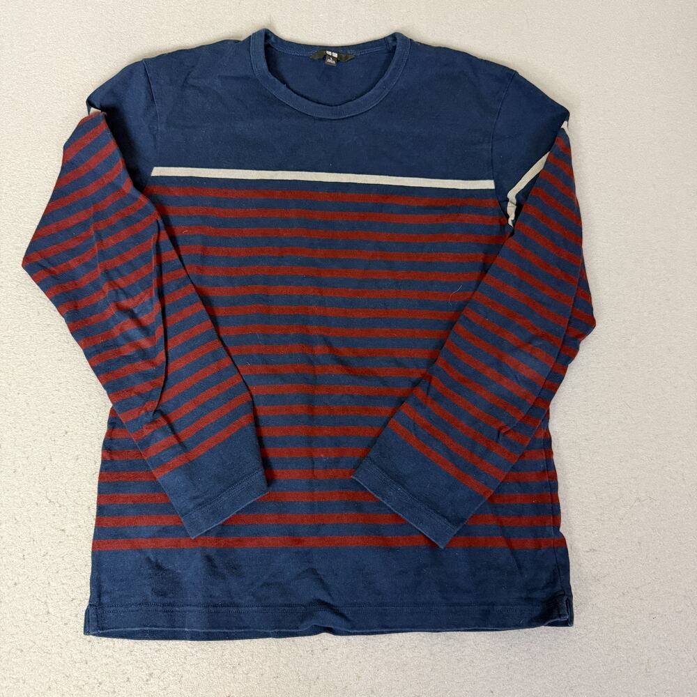 GU Uniqlo Men's Large Navy Red Striped Long Sleeve Cotton T-Shirt